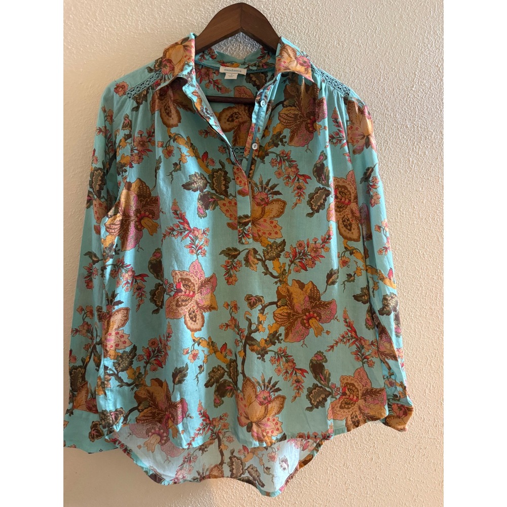 Sundance Womens Small Turquoise Floral Cotton Crochet Trim Long Sleeve Blouse